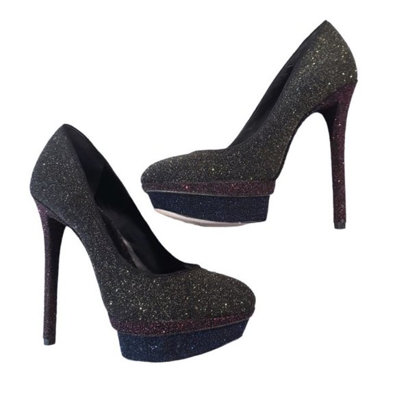 Brian Atwood Shoes - Brian Atwood Fontanne Black Muticolor Sparkle Ultra High Platform Heels